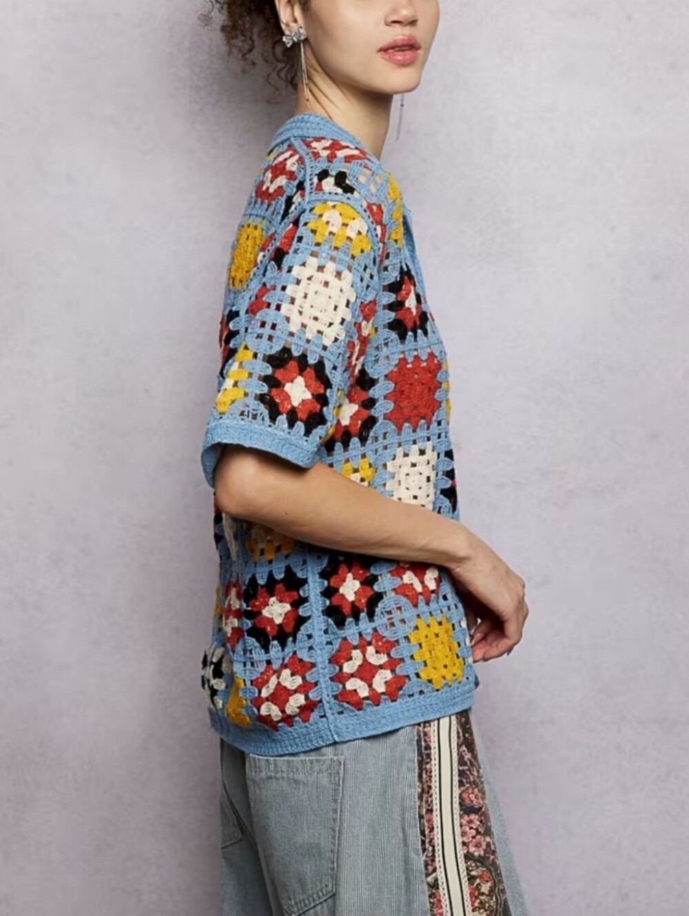 POL Multicolor Crochet Button-Up Top - Blue, Yellow, Red, Black, White - Picture 2 of 4